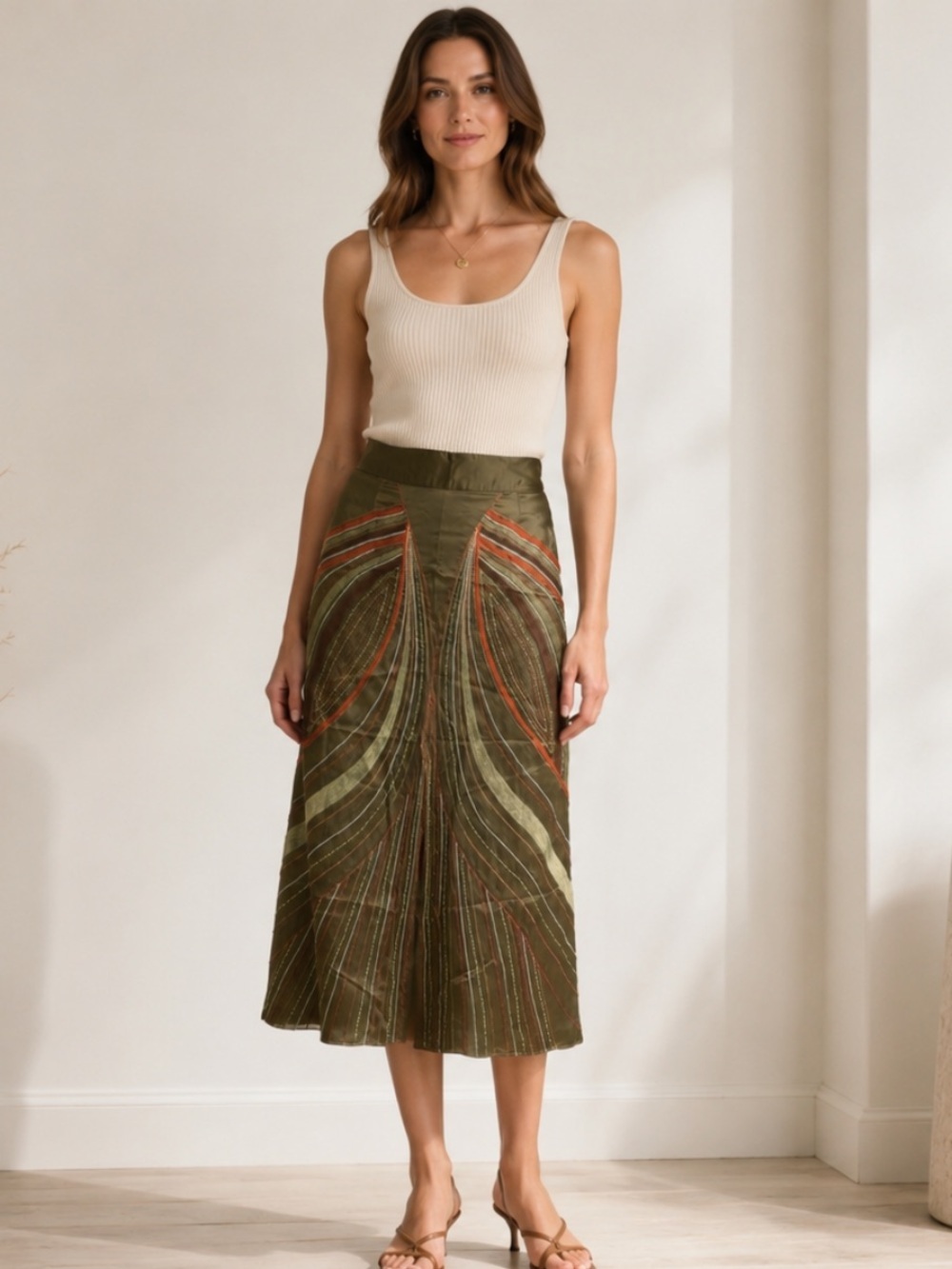 Christine Bellie Cactus 100% Silk Embroidered Midi Skirt Olive Green Size S